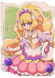 Rule 34 | 1girl, artist logo, big hair, blonde hair, blue eyes, blush, bridal gauntlets, brooch, choker, clothing cutout, cure finale, delicious party precure, dress, gloves, heart, heart brooch, jewelry, kamikita futago, kasai amane, long hair, looking at viewer, magical girl, medium dress, paper background, precure, shoulder cutout, smile, solo, sparkle hair ornament, stamp mark, tiara, torn paper, white choker, white gloves