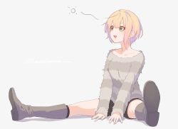 Rule 34 | 10s, 1girl, :d, bare shoulders, blonde hair, blush, boots, character name, collarbone, fami (yellow skies), foreshortening, full body, green eyes, idolmaster, idolmaster cinderella girls, knee boots, miyamoto frederica, off-shoulder, off-shoulder sweater, off shoulder, open mouth, short hair, short shorts, shorts, simple background, sitting, smile, solo, spread legs, sweater, v arms, white background