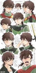 Rule 34 | 1boy, ?, alternate costume, alternate hairstyle, brown eyes, brown hair, chibi, cropped torso, facial hair, fate/grand order, fate (series), glasses, goatee, green eyes, hector (fate), highres, itokon300, long hair, looking at viewer, male focus, medium hair, multiple views, smile, translation request, upper body