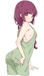 Rule 34 | 1girl, ass, blunt bangs, bocchi the rock!, braid, braided ponytail, breasts, dress, green dress, highres, hiroi kikuri, long hair, looking at viewer, medium breasts, mel (melty pot), pink eyes, purple eyes, purple hair, red hair, simple background, single braid, sleeveless, sleeveless dress, solo, unfinished, white background