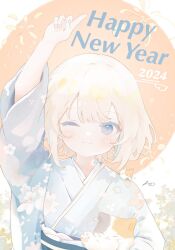 Rule 34 | 1girl, 2024, arm up, blonde hair, blue eyes, blush, cat, floral print, floral print kimono, happy new year, highres, japanese clothes, kimono, looking at viewer, new year, obi, one eye closed, original, risu13e15, sash, short hair, smile, solo, upper body