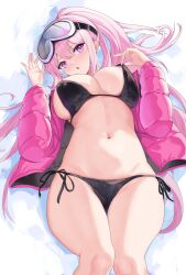 Rule 34 | 1girl, :o, absurdres, bikini, black bikini, blue archive, breasts, commentary request, eimi (blue archive), eimi (swimsuit) (blue archive), goggles, goggles on head, hair between eyes, highres, jacket, large breasts, long hair, long sleeves, looking at viewer, lying, nanohana 9, navel, official alternate costume, on back, open clothes, open jacket, pink hair, pink jacket, ponytail, purple eyes, side-tie bikini bottom, solo, swimsuit, thighs