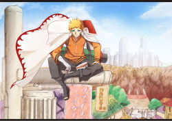 Rule 34 | 1boy, bandaged arm, bandages, big.g, blonde hair, blue sky, bowl, cape, chopsticks, city, male focus, mountain, naruto, naruto (series), scenery, scroll, sign, sitting, sky, solo, spiked hair, spoilers, uzumaki naruto, whiskers