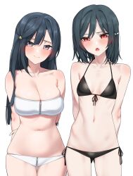 2girls bare_shoulders bikini black_hair green_eyes highres long_hair love_live! love_live!_nijigasaki_high_school_idol_club medium_hair mifune_shioriko multiple_girls nasuno_(nasuno42) orange_hair simple_background standing swimsuit yuki_setsuna zipper_bikini