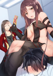 Rule 34 | 1girl, 2boys, absurdres, anger vein, bare shoulders, black dress, black gloves, black hair, blush, breasts, brown eyes, brown hair, center opening, cleavage, closed eyes, coat, crossed legs, dress, earrings, elbow gloves, fate/grand order, fate (series), fujimaru ritsuka (male), gloves, highres, human chair, human furniture, jewelry, large breasts, long hair, looking at viewer, lord el-melloi ii, lord el-melloi ii case files, multiple boys, multiple earrings, multiple piercings, navel, open clothes, open coat, open mouth, red coat, revealing clothes, ribbon-trimmed dress, short hair, sitting, sitting on person, spiked hair, tears, thighs, ticket, very long hair, vest, waver velvet, yu mei-ren (fate), yufou