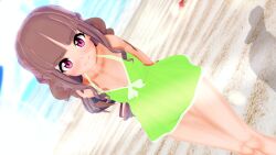 Rule 34 | 1girl, 3d, artist request, beach, brown hair, digimon, digimon ghost game, female focus, highres, long hair, looking at viewer, one-piece swimsuit, pink eyes, solo, standing, swimsuit, swimsuit skirt, tsukiyono ruli