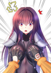 Rule 34 | 1girl, :o, ame wa a ga tsutano?, armor, bodysuit, grabbing another&#039;s breast, breasts, command spell, fate/grand order, fate (series), grabbing, large breasts, long hair, motion lines, pauldrons, pov, pov hands, purple hair, red eyes, scathach (fate), scathach (fate), shoulder armor, solo focus, surprised