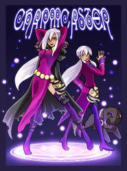 Rule 34 | 2girls, aged up, arms behind head, belt, ben 10, between fingers, boots, cape, character name, charmcaster, dress, dual persona, goth fashion, holding, kappateki, light purple hair, lipstick, long hair, looking at viewer, magic circle, makeup, multiple girls, ponytail, purple eyes, purple lips, side slit, sidelocks, thigh boots, thighhighs