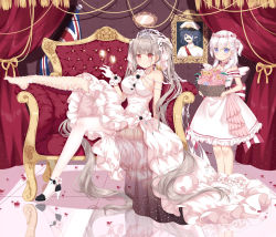 Rule 34 | 2girls, absurdres, asymmetrical legwear, azur lane, bare shoulders, basket, belfast (azur lane), blunt bangs, blush, breasts, choker, cleavage, commentary request, couch, covered navel, curtains, dress, earrings, fake wings, fishnet legwear, fishnets, flag, flower basket, flower wreath, formidable (azur lane), frilled dress, frills, full body, gloves, grey hair, hair between eyes, hair ribbon, high heels, highres, holding, holding basket, indoors, jewelry, large breasts, leg up, little bel (azur lane), long dress, long hair, looking at viewer, mismatched legwear, multiple girls, one side up, photo (object), red eyes, reflection, ribbon, ribbon choker, sidelocks, sitting, sleeveless, sleeveless dress, smile, thighhighs, tiara, tile floor, tiles, twintails, union jack, very long hair, wedding dress, white dress, white footwear, white gloves, white legwear, white ribbon, wings, yozora (33968397)