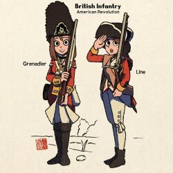 Rule 34 | 2girls, american revolution, artist name, bearskin cap, black footwear, boots, british army, brown hair, copyright request, facing viewer, gun, hat, hirotonfa, holding, holding gun, holding weapon, jacket, military jacket, military uniform, multiple girls, musket, open mouth, salute, signature, smile, standing, tricorne, uniform, weapon