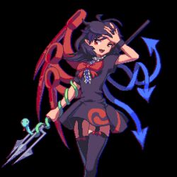 Rule 34 | 1girl, asymmetrical wings, black background, black hair, black thighhighs, bow, bowtie, highres, houjuu nue, messy hair, pixel art, pointy ears, polearm, potemki11, snake, solo, thighhighs, touhou, trident, weapon, wings