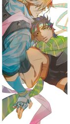 Rule 34 | 2boys, bare shoulders, battle tendency, blonde hair, blue jacket, brown hair, caesar anthonio zeppeli, crop top, facial mark, feather hair ornament, feathers, fingerless gloves, ghost, gloves, green eyes, green scarf, hair ornament, hair over eyes, headband, highres, jacket, jojo no kimyou na bouken, joseph joestar, joseph joestar (young), lying, male focus, midriff, multiple boys, on back, pink scarf, scarf, striped clothes, striped scarf, suzuri513, translucent, triangle print, yellow scarf