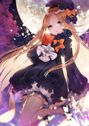 Rule 34 | 1girl, abigail williams (fate), apple caramel, black bow, black dress, black footwear, black hat, blonde hair, bloomers, blue eyes, blush, bow, bug, butterfly, commentary request, dress, fate/grand order, fate (series), forehead, full moon, hair bow, hat, head tilt, highres, hugging object, insect, long hair, long sleeves, looking at viewer, mary janes, moon, night, night sky, orange bow, parted bangs, parted lips, shoes, sky, sleeves past fingers, sleeves past wrists, solo, stuffed animal, stuffed toy, teddy bear, underwear, very long hair, white bloomers