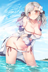 Rule 34 | 1girl, absurdres, beach, bikini, bikini pull, black ribbon, blue sky, blush, breasts, cleavage, closed mouth, clothes pull, collarbone, cowboy shot, day, flower, girls&#039; frontline, groin, hair flower, hair ornament, hair ribbon, hansal, highres, jacket, large breasts, leaning forward, long hair, looking at viewer, navel, ocean, off shoulder, official alternate costume, outdoors, parted lips, partially submerged, red eyes, ribbon, shiny skin, side-tie bikini bottom, silver hair, skindentation, sky, smile, solo, sparkle, spas-12 (girls&#039; frontline), spas-12 (midsummer fruit) (girls&#039; frontline), standing, stomach, swimsuit, thighs, twintails, two side up, wading, wavy hair, wet, white bikini