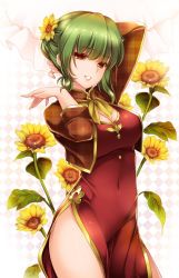 Rule 34 | 1girl, alternate costume, alternate hairstyle, arms up, bow, breasts, chinese clothes, cleavage, dress, flower, green hair, hair bun, hair flower, hair ornament, jpeg artifacts, kazami yuuka, large breasts, long sleeves, looking at viewer, midriff, monety, red dress, red eyes, short hair, single hair bun, smile, solo, sunflower, touhou, turtleneck, unmoving pattern