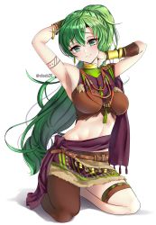 Rule 34 | 1girl, absurdres, arm up, belt, bracelet, closed mouth, cosplay, fire emblem, fire emblem: the blazing blade, fire emblem: three houses, fur trim, green eyes, green hair, highres, jewelry, long hair, lyn (fire emblem), nintendo, petra macneary, petra macneary (cosplay), ponytail, simple background, smile, solo, steeb, twitter username, white background