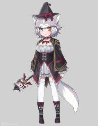 Rule 34 | 1girl, alternate costume, animal ears, black capelet, black footwear, black hat, blue eyes, boots, bow, capelet, collar, dog (mixed breed) (kemono friends), dog ears, dog tail, dress, frilled dress, frilled sleeves, frills, full body, grey background, grey hair, hat, hat bow, heterochromia, kemono friends, long sleeves, multicolored hair, neck ribbon, nyifu, red collar, ribbon, short hair, solo, tail, thighhighs, wand, white dress, white hair, white thighhighs, witch, witch hat, yellow eyes, zettai ryouiki