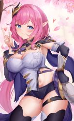 Rule 34 | 1girl, absurdres, black footwear, black gloves, black shorts, blue eyes, boots, breasts, cherry blossoms, cleavage, closed mouth, elysia (honkai impact), elysia (miss pink elf) (honkai impact), gloves, hair ornament, heart, highres, honkai (series), honkai impact 3rd, index finger raised, kuro (blackpgmickey), large breasts, long hair, long sleeves, looking at viewer, navel, petals, pink eyes, pointy ears, shorts, single glove, smile, solo, thigh boots, thighhighs, tree
