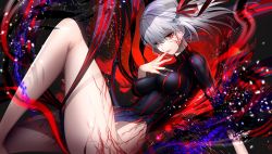 Rule 34 | 1girl, black dress, breasts, corruption, covered erect nipples, covered navel, dark persona, dark sakura, dress, fate/stay night, fate (series), grey hair, heaven&#039;s feel, highres, large breasts, legs, looking at viewer, matou sakura, medium hair, no panties, parted lips, red eyes, ribbon, sitting, skin tight, solo, striped clothes, striped dress, thighs, tsukimoto aoi