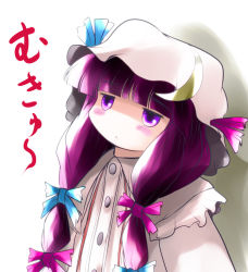 Rule 34 | 1girl, crescent, female focus, hat, long hair, mukyuu, patchouli knowledge, purple eyes, purple hair, ribbon, simple background, solo, touhou, white background, yume shokunin