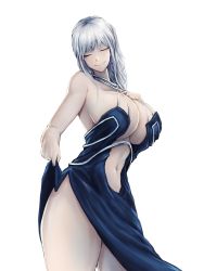 Rule 34 | 1girl, absurdres, ak-12 (girls&#039; frontline), ak-12 (quiet azure) (girls&#039; frontline), bare shoulders, blue dress, breasts, cleavage, closed eyes, closed mouth, clothes lift, clothing cutout, curvy, dress, earrings, evening gown, girls&#039; frontline, halterneck, hand on own chest, highres, huge breasts, jewelry, long hair, navel, navel cutout, pale skin, silver hair, skirt, skirt lift, smile, thighs, white background, zer0.zer0