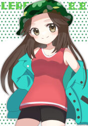 1girl 3656_chan bike_shorts blush brown_eyes brown_hair buttons closed_mouth commentary_request cowboy_shot creatures_(company) eyelashes game_freak green_hat green_jacket hair_flaps hat highres jacket leaf_(pokemon) leaf_(sygna_suit)_(pokemon) long_hair looking_at_viewer nintendo open_clothes open_jacket pokemon pokemon_masters_ex shirt sidelocks sleeveless sleeveless_shirt smile solo white_background