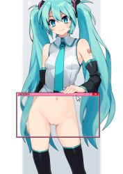 Rule 34 | 1girl, ?, bare shoulders, black thighhighs, blue eyes, blue hair, blush, breasts, cleft of venus, dress, hair between eyes, hair ornament, hatsune miku, kotomuke fuurin, long hair, navel, necktie, pussy, smile, solo, thighhighs, twintails, very long hair, vest, vocaloid