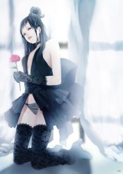 Rule 34 | 1girl, bad id, bad pixiv id, black hair, blue eyes, choker, dress, female focus, flower, full body, gloves, indoors, lace, lipstick, makeup, original, panties, ribbon, rose, solo, striped clothes, striped panties, sumishuu, thighhighs, underwear