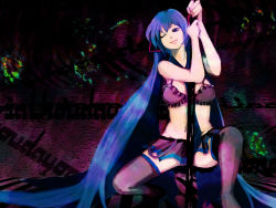 Rule 34 | 1girl, bad id, bad pixiv id, blue eyes, blue hair, chihiro 2 (artist), hatsune miku, long hair, matching hair/eyes, meola, one eye closed, pole, pole dancing, skirt, solo, stripper, stripper pole, thighhighs, tongue, twintails, very long hair, vocaloid, wink