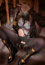Rule 34 | 1girl, armband, bad id, bad pixiv id, belt, black panties, boots, bra, brown hair, can, covering face, cross-laced footwear, female pubic hair, girls&#039; frontline, heavy breathing, highres, jacket, lace-up boots, long hair, miniskirt, panties, pantyhose, pleated skirt, pubic hair, pussy, see-through, skirt, solo, spread legs, stairs, thighhighs, turisasu, twintails, ump9 (girls&#039; frontline), underwear, v