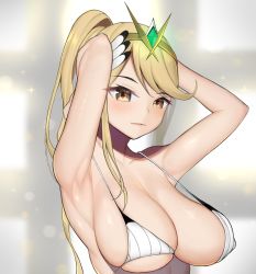 Rule 34 | 1girl, absurdres, adapted costume, alternate hairstyle, armpits, arms up, bare shoulders, bikini, blonde hair, blurry, blurry background, blush, breasts, cleavage, collarbone, depth of field, gatchan, highres, large breasts, long hair, looking at viewer, mythra (xenoblade), nintendo, parted lips, ponytail, single sidelock, smile, solo, strap gap, striped bikini, striped clothes, swept bangs, swimsuit, upper body, vertical-striped bikini, vertical-striped clothes, white bikini, xenoblade chronicles (series), xenoblade chronicles 2, yellow eyes