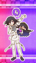 Rule 34 | 10s, 2boys, black hair, buttons, cape, checkered clothes, checkered scarf, chibi, closed eyes, countdown, danganronpa (series), danganronpa v3: killing harmony, dual persona, fanta, floating, full body, gradient background, grin, hat, looking at viewer, male focus, multiple boys, open mouth, oma kokichi, peaked cap, pink background, purple background, purple eyes, scarf, short hair, simple background, smile, soda bottle, spoken number, straitjacket, torn cape, torn clothes, yumaru (marumarumaru)