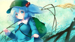 Rule 34 | 1girl, backpack, bag, blue eyes, blue hair, blue shirt, blue skirt, blush, breasts, clothes lift, commentary request, frilled shirt collar, frills, gengetsu chihiro, green hat, hair bobbles, hair ornament, hat, highres, holding, holding plant, kawashiro nitori, key, lifting own clothes, long sleeves, looking at viewer, plant, pocket, reeds, shirt, short hair, skirt, skirt lift, small breasts, smile, solo, touhou, two side up, upper body