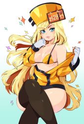 Rule 34 | 1girl, bikini, black thighhighs, blonde hair, blue eyes, breasts, fingerless gloves, gloves, guilty gear, hat, highres, lips, long sleeves, medium breasts, millia rage, nail polish, parted lips, queen ashi, sitting, solo, swimsuit, thighhighs, undressing, white gloves