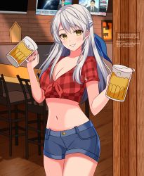 Rule 34 | 1girl, absurdres, alcohol, alternate costume, artist name, bad id, bad pixiv id, bar (place), bar stool, beer, beer mug, blue shorts, breasts, chair, checkered clothes, checkered shirt, cleavage, collared shirt, commission, cup, denim, denim shorts, fire emblem, fire emblem: radiant dawn, grin, half updo, highres, holding, holding cup, long hair, looking at viewer, marion (marionette ink), medium breasts, micaiah (fire emblem), midriff, mug, navel, nintendo, shirt, short sleeves, shorts, silver hair, smile, solo, stool, table, tied shirt, twitter username, waitress, yellow eyes