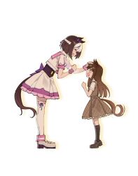 Rule 34 | 2girls, absurdres, aged down, animal ears, back bow, blunt ends, bow, brown footwear, brown hair, buena vista (umamusume) (old design), chinese commentary, closed eyes, commentary, cropped jacket, ear bow, full body, hair ribbon, half up braid, headpat, highres, horse ears, horse girl, horse tail, layered skirt, leaning forward, long hair, multiple girls, pink sailor collar, puffy short sleeves, puffy sleeves, purple bow, purple ribbon, red bow, ribbon, sailor collar, short sleeves, sidelocks, sipeiren, skirt, special week (umamusume), striped bow, tail, thighhighs, umamusume, vest, white footwear, white hair, white thighhighs