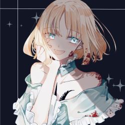 Rule 34 | 1girl, :d, bare shoulders, black background, blonde hair, blood, blood on face, blood on clothes, blood in hair, blue dress, blue eyes, chest tattoo, collar, collarbone, command spell, commentary request, detached collar, dress, fate/prototype, fate (series), frilled collar, frilled dress, frills, hand on own cheek, hand on own face, highres, off-shoulder dress, off shoulder, open mouth, rdbka 00, sajou manaka, shade, short hair, simple background, smile, solo, sparkle, tattoo, upper body