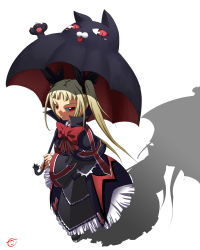 Rule 34 | 1girl, arc system works, blazblue, blonde hair, bow, cat, dress, gothic lolita, hair ribbon, highres, lolita fashion, long hair, nago, rachel alucard, rayno, red bow, red eyes, ribbon, shadow, slit pupils, smile, solo, twintails, umbrella, vampire