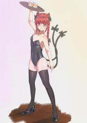 Rule 34 | 1girl, absurdres, alternate costume, animal ear fluff, animal ears, arm above head, arm up, bare shoulders, black bow, black footwear, black leotard, black thighhighs, blunt bangs, blush, bow, braid, breasts, cat ears, cat tail, commentary request, covered navel, extra ears, full body, gradient background, hair bow, hair ribbon, high heels, highres, holding, holding tray, kaenbyou rin, leotard, littiecy, long hair, looking at viewer, multiple tails, nekomata, parted lips, playboy bunny, pointy ears, red eyes, red hair, ribbon, simple background, small breasts, smile, solo, standing, strapless, strapless leotard, tail, tail bow, tail ornament, teeth, thighhighs, touhou, tray, tress ribbon, twin braids, twintails, two tails, white background