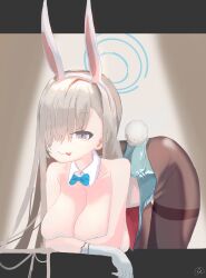 Rule 34 | 1girl, absurdres, asuna (blue archive), asuna (bunny) (blue archive), blue archive, blue leotard, breasts, hair over one eye, halo, highres, large breasts, leotard, ojibi, playboy bunny, rabbit ears, simple background, socks, solo, white background, white socks