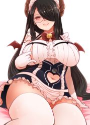 Rule 34 | 1girl, arano oki, areola slip, black dress, black hair, blush, breasts, center frills, clothing cutout, curvy, demon girl, demon horns, demon wings, dress, elbow gloves, freckles, frilled dress, frills, glasses, gloves, hair over one eye, heart cutout, highres, horns, indie virtual youtuber, itou life (vtuber), large breasts, long hair, looking at viewer, maid, maid headdress, mature female, mini wings, navel, navel cutout, nursing sweater, round eyewear, seductive smile, shirt, short dress, sitting, smile, solo, striped clothes, striped shirt, sweater, thighhighs, thighs, vertical-striped clothes, vertical-striped shirt, very long hair, virtual youtuber, white gloves, white shirt, white thighhighs, wings, yokozuwari