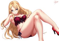 Rule 34 | 1girl, bare shoulders, blonde hair, blue eyes, blue nails, blush, bra, breasts, crossed legs, elbow rest, feet out of frame, hair between eyes, high heels, highres, kantai collection, lace, lace-trimmed bra, lace-trimmed panties, lace trim, large breasts, lingerie, long hair, nail art, nail polish, nelson (kancolle), panties, parted lips, reclining, red bra, red footwear, red nails, red panties, sakiyamama, sidelocks, signature, simple background, solo, thighs, underwear, white nails
