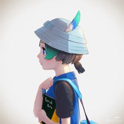Rule 34 | 10s, 1girl, artist name, bag, black hair, black shirt, blouse, blue eyes, blue vest, commentary request, from side, green hair, hat, hat feather, highres, kemono friends, kemono friends 2, kyururu (kemono friends), male focus, multicolored hair, profile, shirt, short hair, short sleeves, signature, simple background, sketchbook, solo, takami masahiro, twitter username, two-tone hair, upper body, vest, watermark, web address