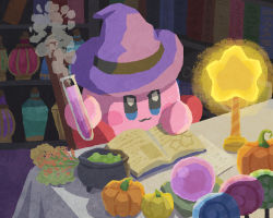 Rule 34 | :3, boiling, book, cauldron, chair, closed mouth, halloween, hat, holding, holding test tube, indoors, kirby, kirby (series), lamp, light, miclot, nintendo, no humans, orb, pumpkin, purple hat, reading, sitting, smoke, solo, table, test tube, vase, witch hat