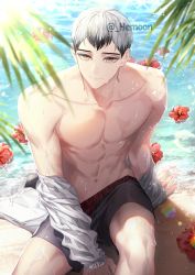 Rule 34 | 1boy, abs, bad id, bad twitter id, bare pectorals, beach, black male swimwear, black swim trunks, closed mouth, collarbone, commentary, day, eyebrows, flower, from above, grey hair, haikyuu!!, hemoon, jacket, jacket partially removed, kita shinsuke, looking at viewer, looking up, male focus, male swimwear, multicolored hair, navel, ocean, outdoors, palm tree, pectorals, sand, short hair, sitting, smile, solo, summer, swim trunks, swimsuit, symbol-only commentary, toned, toned male, tree, twitter username, two-tone hair, water, wet, yellow eyes
