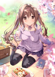 Rule 34 | 1girl, ahoge, arm cutout, basket, bento, black thighhighs, blush, book, bottle, breasts, brown eyes, brown hair, cherry blossoms, commentary request, from above, grass, hanami, highres, karory, long hair, long sleeves, looking at viewer, medium breasts, original, outdoors, petals, shoes, unworn shoes, sitting, smile, solo, thighhighs, twintails, water bottle, yokozuwari