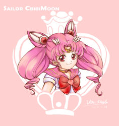 Rule 34 | 10s, 1girl, 2016, absurdres, bishoujo senshi sailor moon, bow, brooch, character name, chibi usa, choker, cone hair bun, dated, double bun, hair bun, hair ornament, hairpin, heart, heart brooch, highres, jewelry, lan sing, looking at viewer, magical girl, pink background, pink hair, pink theme, red bow, red eyes, sailor chibi moon, sailor collar, short hair, signature, smile, solo, super sailor chibi moon, tiara, twintails, typo, upper body