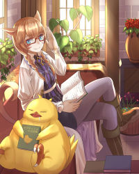 Rule 34 | androgynous, animal ears, blue eyes, book, braid, brown footwear, chocobo, couch, facial mark, final fantasy, final fantasy xiv, gender request, glasses, hand up, highres, holding, holding book, indoors, crossed legs, looking at viewer, miqo&#039;te, ojiki, open book, plant, potted plant, saliva, sitting, smile, solo, tail, whisker markings, window