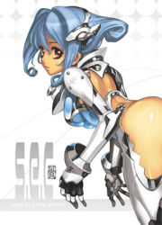 Rule 34 | 1girl, armor, ass, back, blue hair, hair ornament, looking back, lowres, nagi ryou, red eyes, s.e.c 01 specular reflection, scan, short hair, solo
