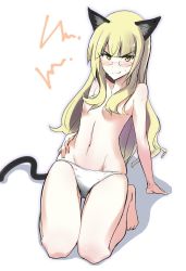 Rule 34 | 1girl, animal ears, arm support, blonde hair, blush, breasts, cat ears, cat tail, glasses, groin, hair censor, hand on own hip, highres, kneeling, long hair, navel, panties, perrine h. clostermann, sketch, skindentation, small breasts, solo, strike witches, sweat, tail, topless, underwear, white legwear, world witches series, yellow eyes, yuzuyoukan